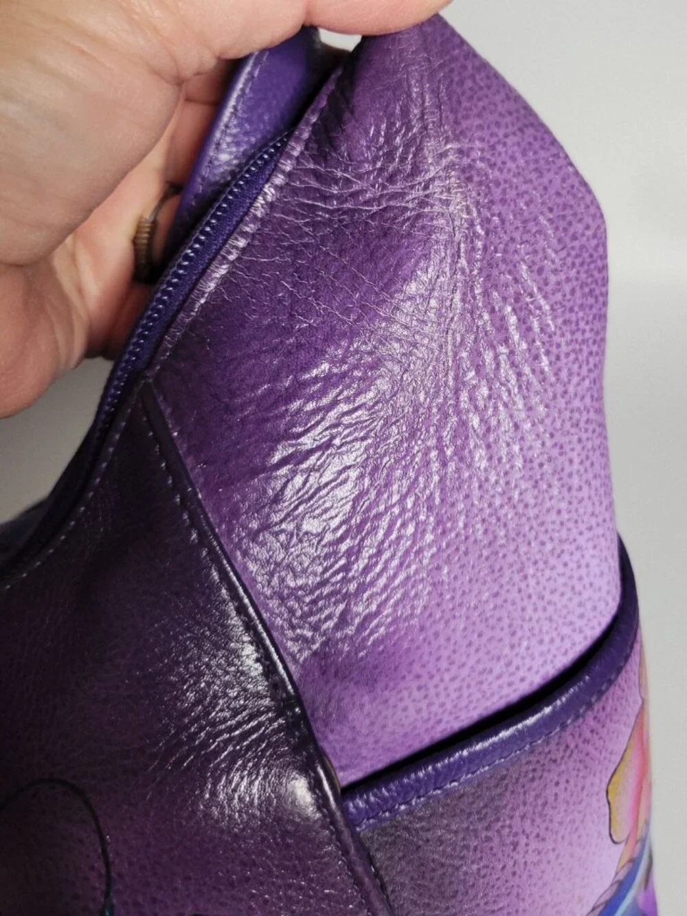 ANUSCHKA Painted Genuine Leather Purple Peonies Paisley Hobo Shoulder Bag EUC